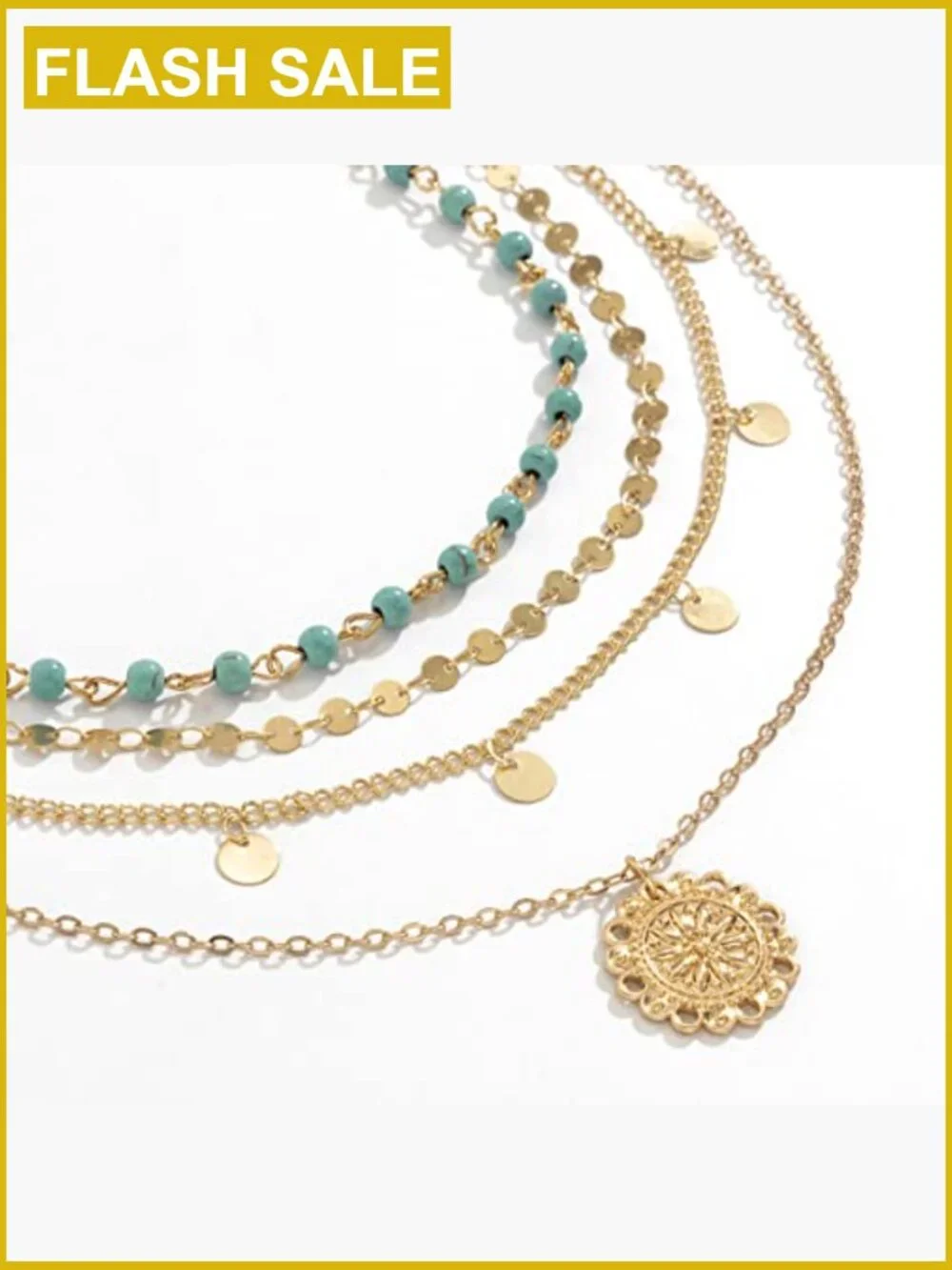 14K Gold Plated Layered Choker Necklace Set with Turquoise Stone Pendants - Picture 5 of 7